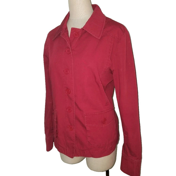 H&M Red 100% Cotton Jacket Big Pockets Unlined Lightweight Distressed 14 - Picture 2 of 8